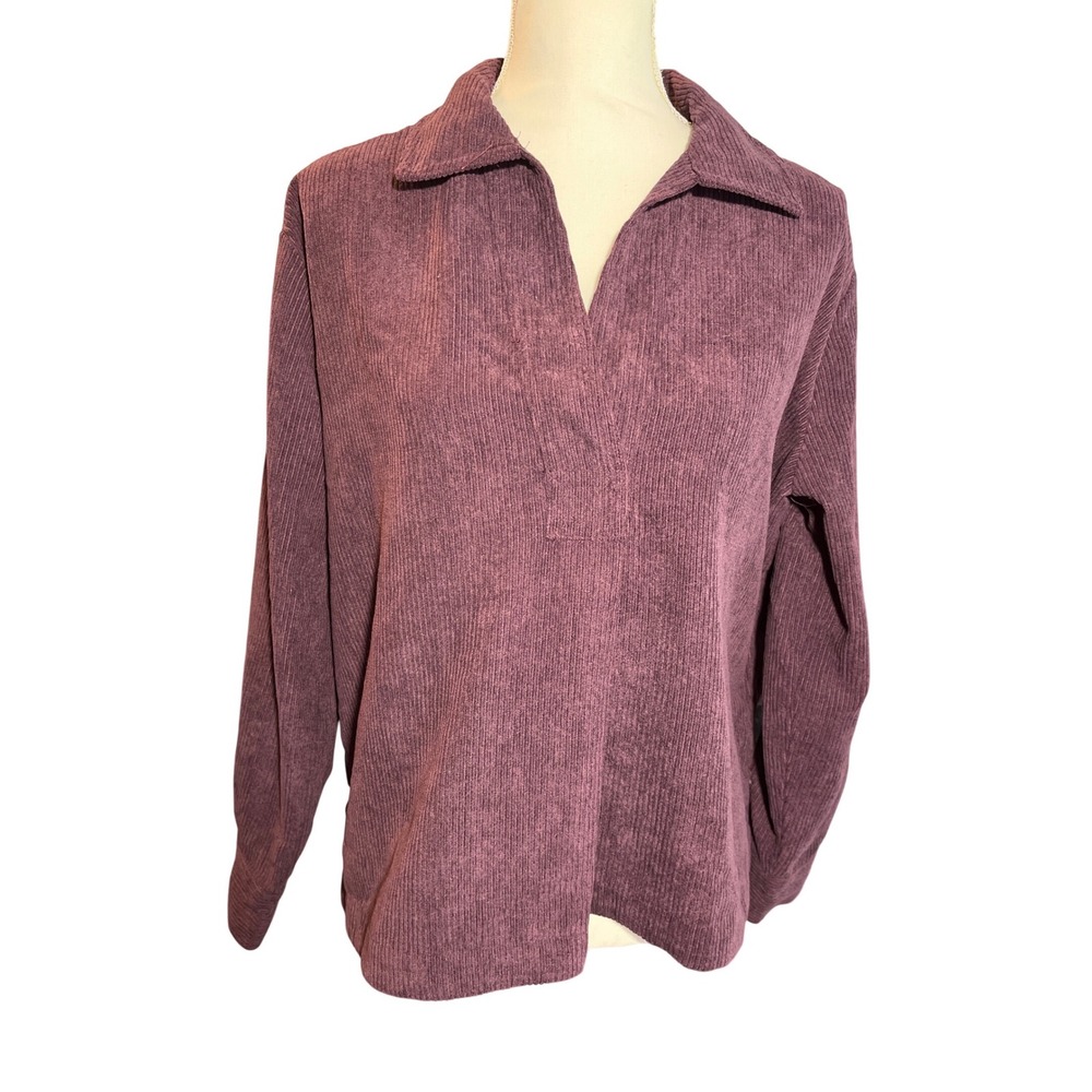 Madewell Corduroy Long Sleeve Polo Top Purple Burgundy V-Neck Shirt Retro Chic
